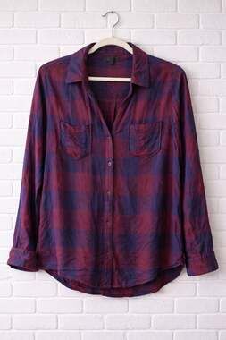 Tinsel Women's Maroon and Navy Plaid Long Sleeve 100% Rayon Button-Up Shirt